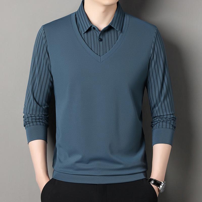Поддельный двухсекционный трикотажный свитер, деловая повседневная футболка, свободная мужская рубашка-поло с длинными рукавами, базовая модель