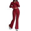 2 Pcs/Set Women Spring Commuting Outfit Top Flared Pants Set Zipper Closure Thread Stand Collar Coat High Waist Sport Tracksuit Elastic Daily Clothes