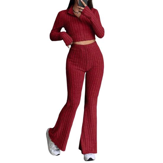 2 Pcs/Set Women Spring Commuting Outfit Top Flared Pants Set Zipper Closure Thread Stand Collar Coat High Waist Sport Tracksuit Elastic Daily Clothes