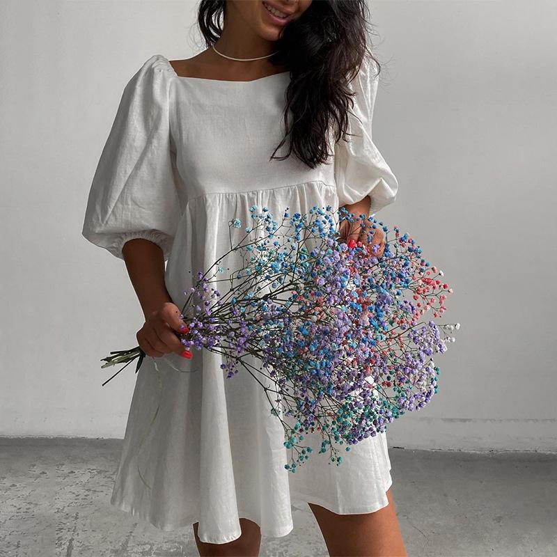 Однотонное мини-платье с рукавами-фонариками: Квадратный вырез на одно плечо в семи весенне-летних цветах