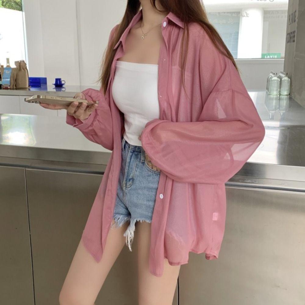 Chiffon Women Shirt Blouse Solid Color Female Loose Cardigan Casual Long Sleeve Top