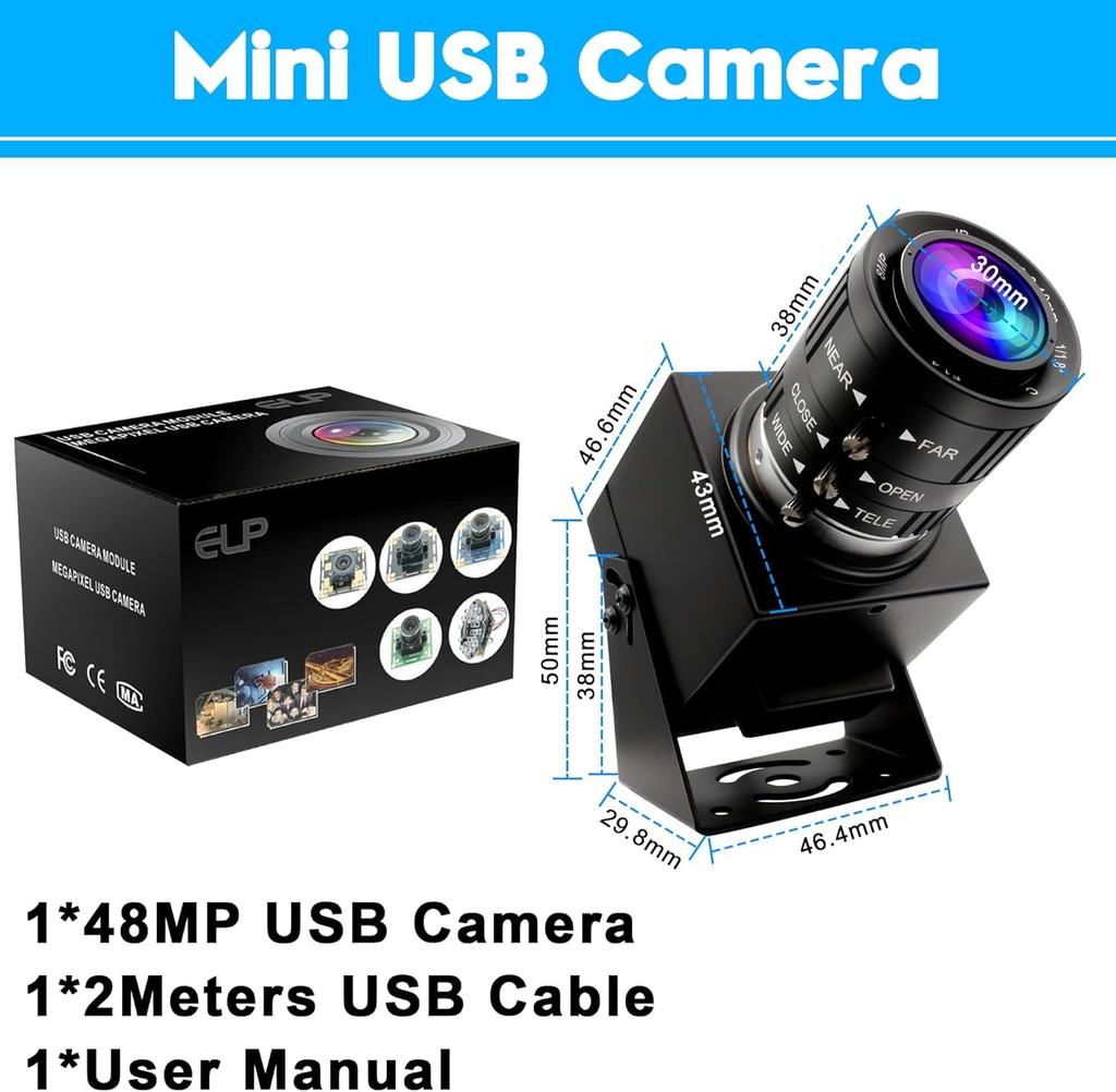 ELPCAM ELP 48MP 8K Ultra HD USB Camera with 3x Manual Zoom Plug and for Laser 3.6-10mm Lens, Play, Engraving/Lightburn/Document Scanning/Face