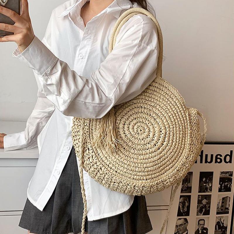 Yogodlns Летняя пляжная сумка, круглые соломенные сумки для женщин, сумка на плечо из ротанга, дорожная тканая сумка ручной работы, большая вместительная женская сумка-шоппер