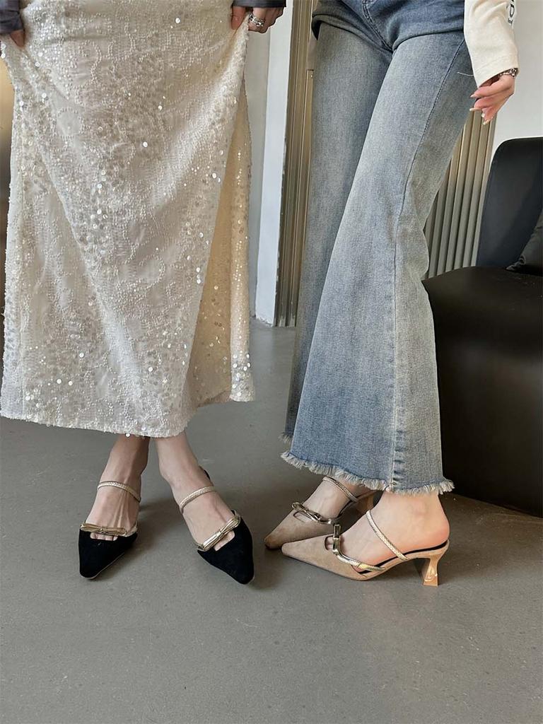 Мода Модные женские босоножки с острым носком Летние черные фиолетовые бежевые неглубокие туфли без застежек Женские туфли-лодочки Размер 35-39 Вечерние туфли-лодочки Сандалии 39