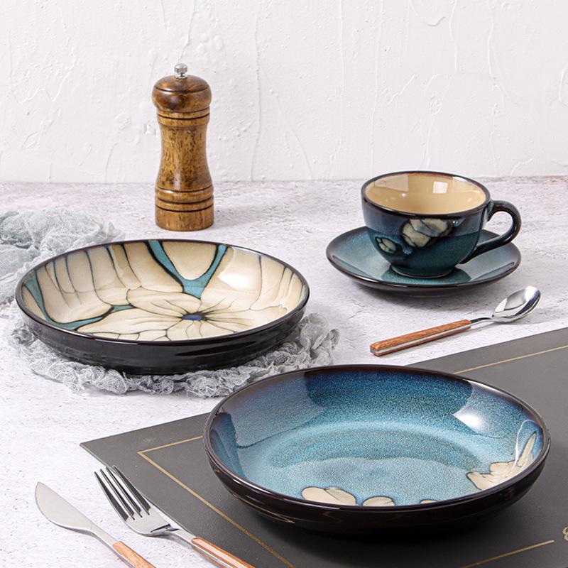 Креативная глазурь с эффектом печи, западная тарелка, тарелка для стейка, домашняя обеденная тарелка, керамическая тарелка, подглазурная роспись, тарелка для пасты, тарелка для завтрака