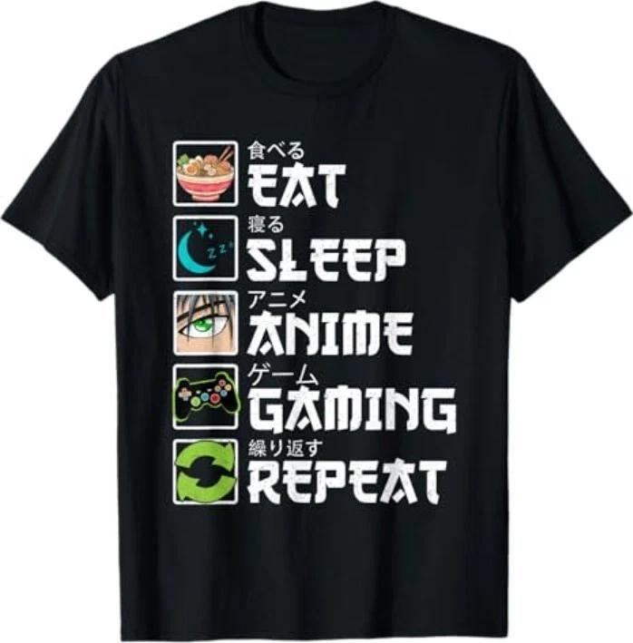 Eat Sleep Anime Gaming Repeat Gamer Men Gifts Anime 100% Cotton T-shirt Mens Tees Top