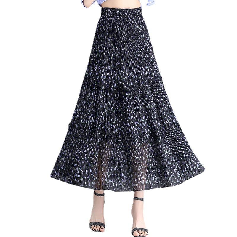 Белая шифоновая юбка женская летняя плиссированная юбка с цветочным принтом и высокой талией, женская драпированная тонкая пышная длинная юбка