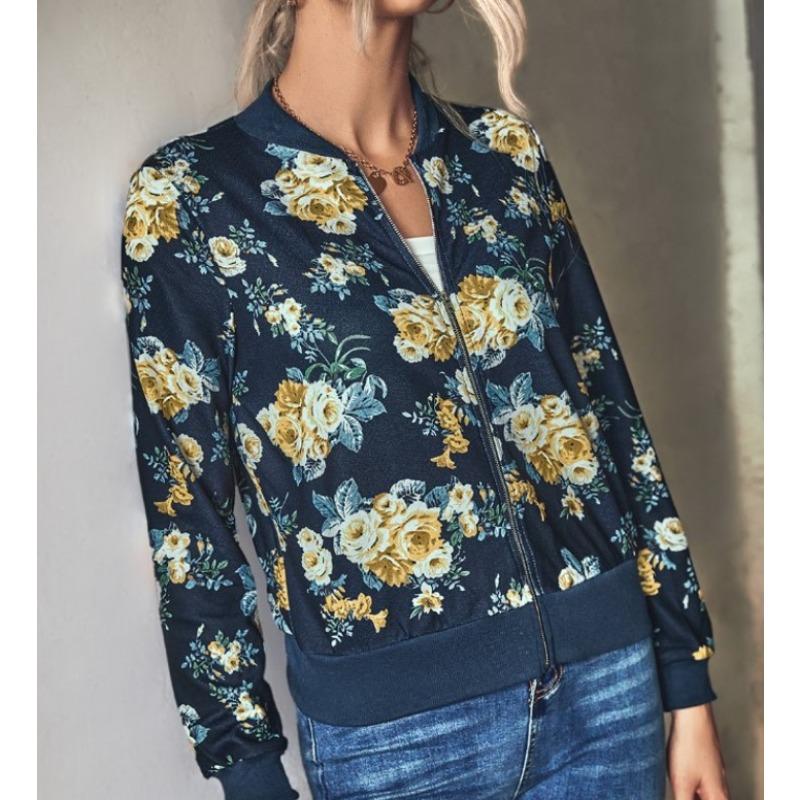 Плюс Размер Женская Осенняя Модная Напечатанная Круглая Горловина Застежка Молния Длинные Рукава Куртка