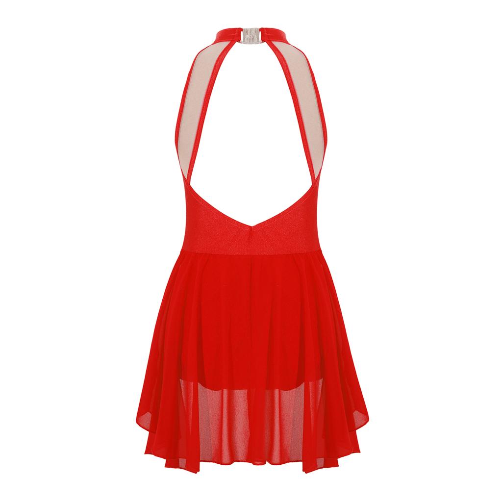 Kids Girls Sleeveless Backless Shiny Rhinestone Sequins Chiffon Dance Dress Gymnastic Skirted Leotard Dance Costume