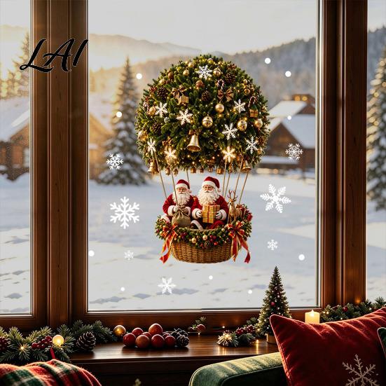 Winter Holiday Decor Christmas Santa Claus and Hot Air Balloon Static Glass Sticker Reusable PVC Theme Window Stickers Clings Removable Snowflake