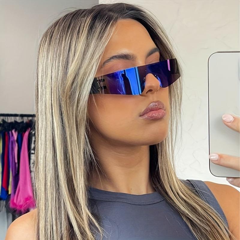 2 шт. безободковых очков-оберток для женщин в панк-стиле, футуристические, с цветными линзами, Y2K, с плоским верхом, переливающиеся модные очки для мужчин