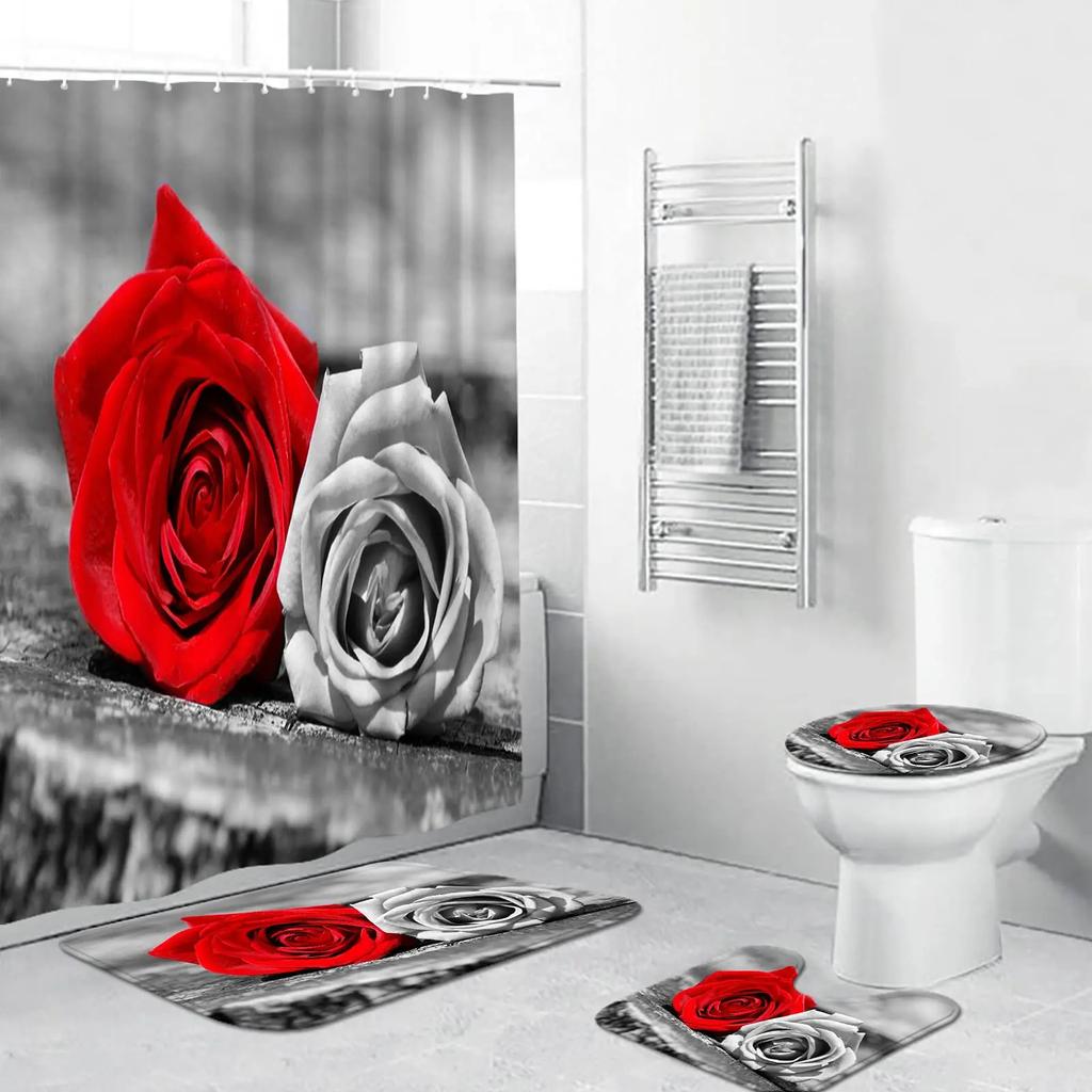 Red Rose Flowers Bathroom Curtains Black Fabric Shower Curtain Set Bath Mats Rugs Toilet Lid Cover Anti-Skid Carpet Home Decor