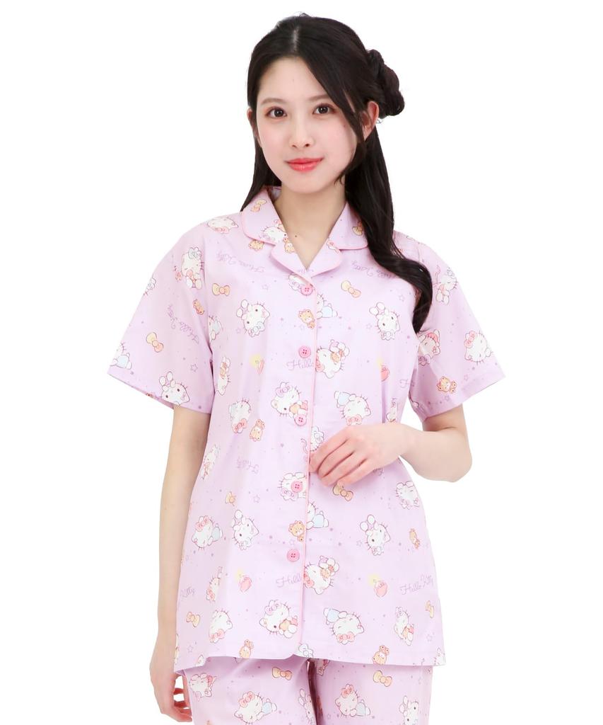 SAZAC Sleepy Hello Kitty Shirt Cotton Short Sleeve and Long Pants Set Pajamas, 100% Broadcloth, Women's (Purple/M/SAN1945)