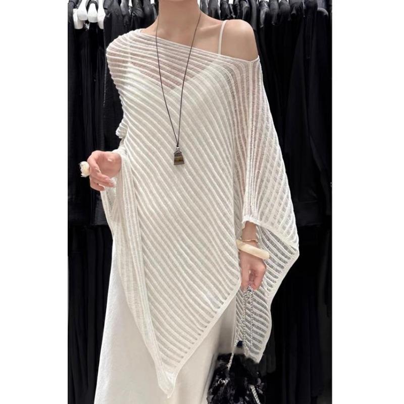 Летняя трикотажная солнцезащитная женская блузка с вырезом, прозрачный пуловер, свитер с рукавами «летучая мышь», шаль, свободный повседневный простой накидка, нестандартная длинная рубашка