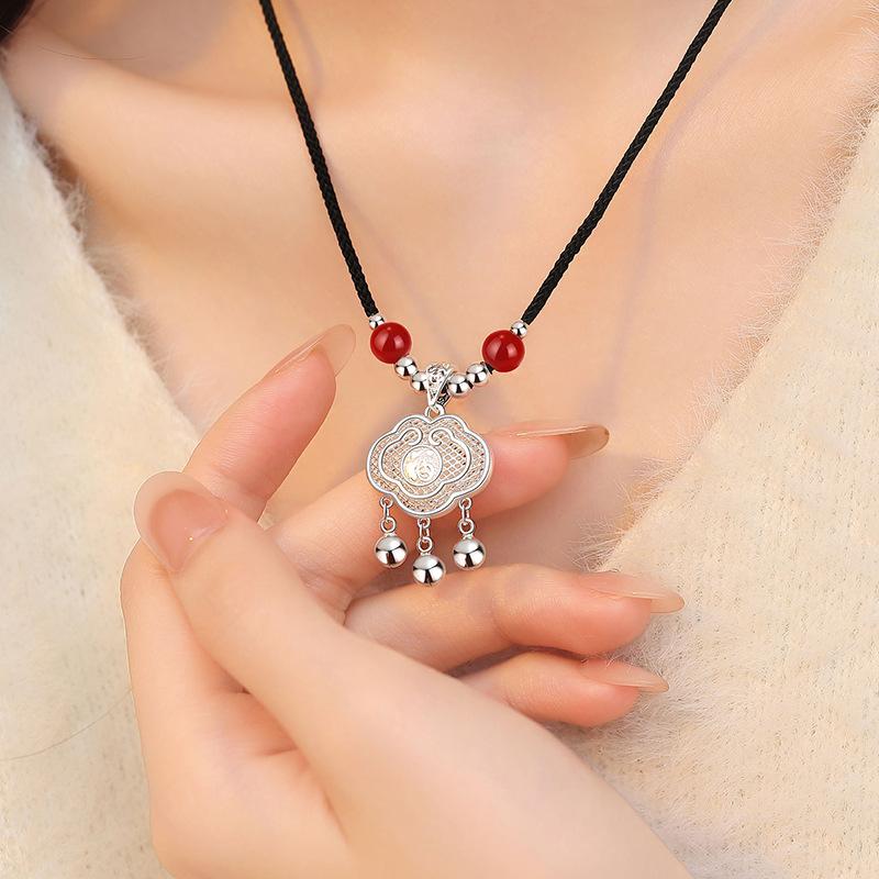 Подвеска в виде цветка с иероглифом Фу из шелка и благоприятного облака, ожерелье в национальном стиле, новое китайское, с плетеным шнурком и бусиной для удачи