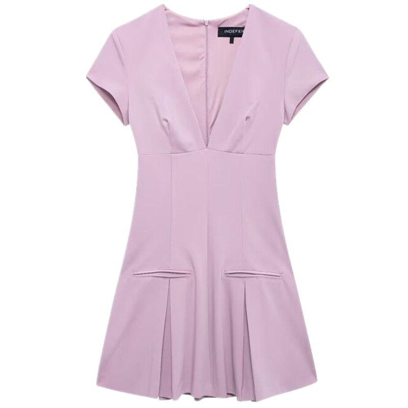 Fashion Style 2024 Fall and Winter New Women's Clothing Stylish Wide Pleated V Neck Short Sleeve Short Dress 4764264