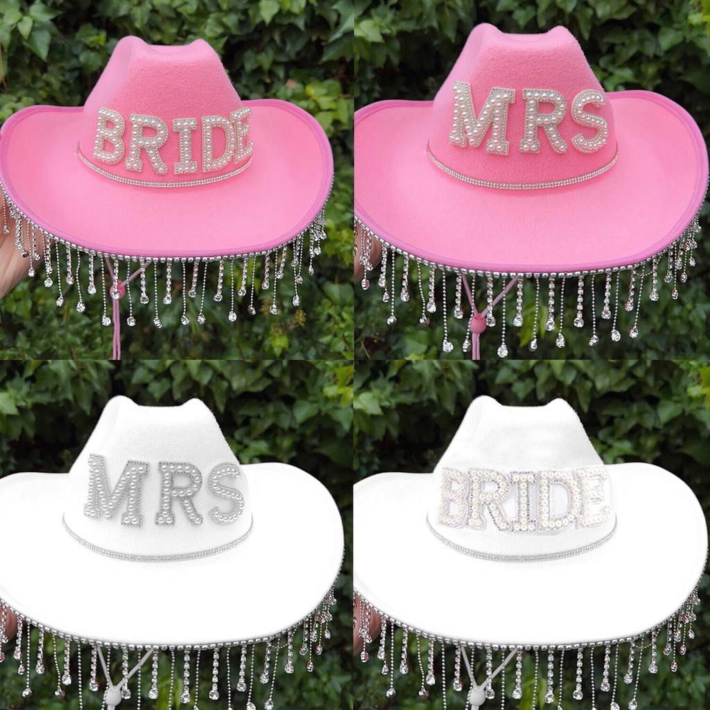 Bride Cowboy Hat Bachelorette Party Hat Bridal Party Hat Tassel Cowboy Hat Mrs Hat Bride Hat Tassel Cowgirl Hat