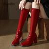 Мода 2025 Женские осенние сапоги Квадратный носок Толстый каблук Застежка-молния сзади Высокие сапоги до колена Лакированная кожа Сексуальные ботфорты Женские Размер 35-42