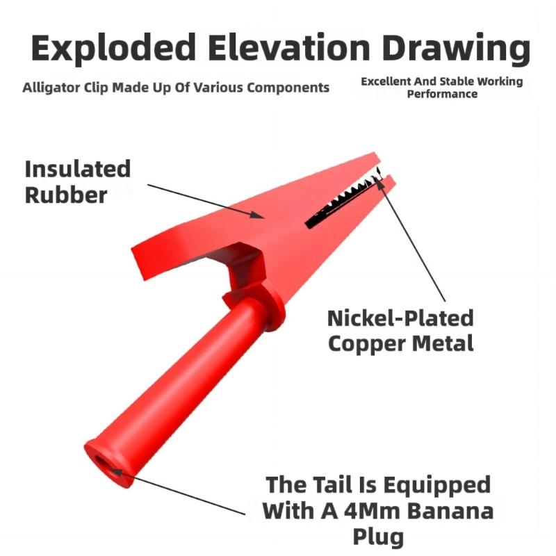 5pcs Insulated Alligator Clip For High Current Power Wire Testing Copper Plated Featuring 4mm Banana Plug Hole