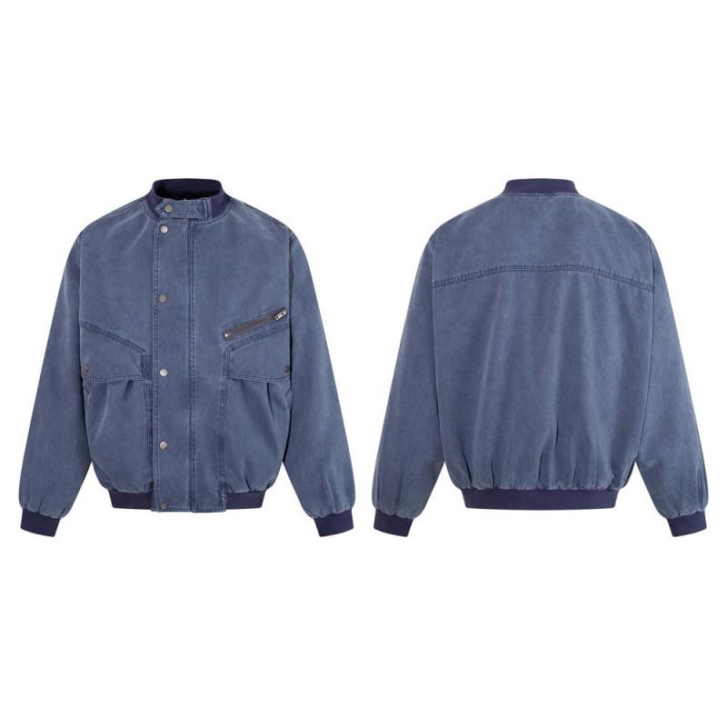 Mens Washed Vintage Canvas Workwear Jacket Loose Fit Stand Collar With Large Patch Pockets Streetwear