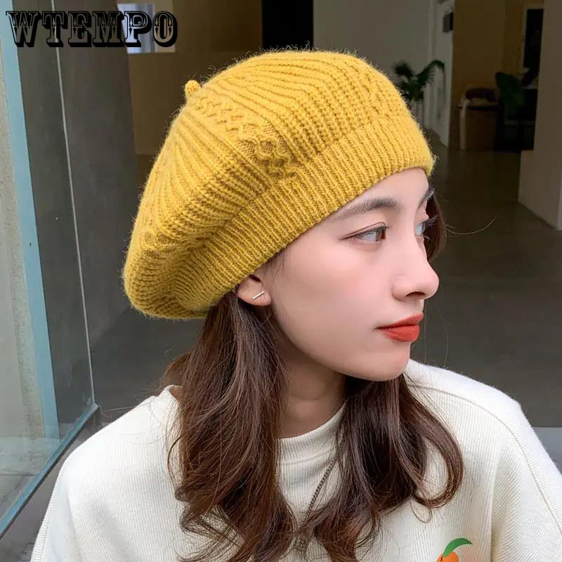 WTEMPO Windproof Cold-proof Casual Strtchy Warm Knitted Hats Women's Autumn Winter Solid Color Large Size Woolen Hats