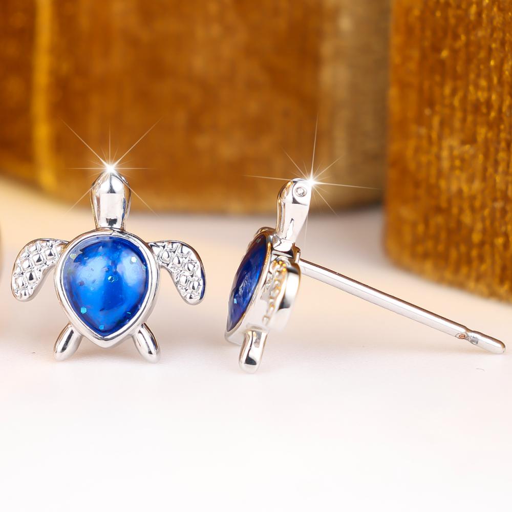 Charming Silver Color Blue Sea Turtle Stud Earrings for Women Daily Wear and Party