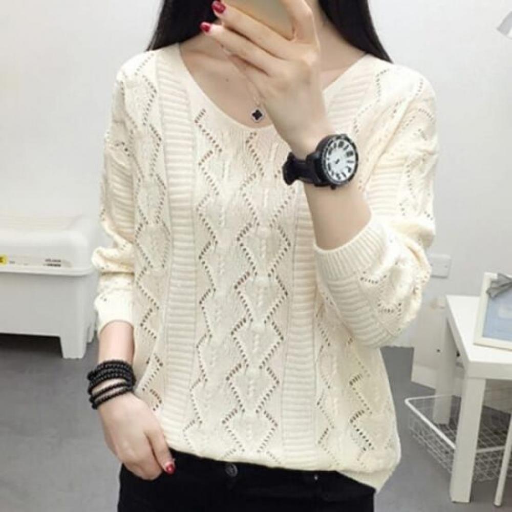 NaVaVa Nk1988 Simple Punching Thin Long SleeVe V Neck Knit Top