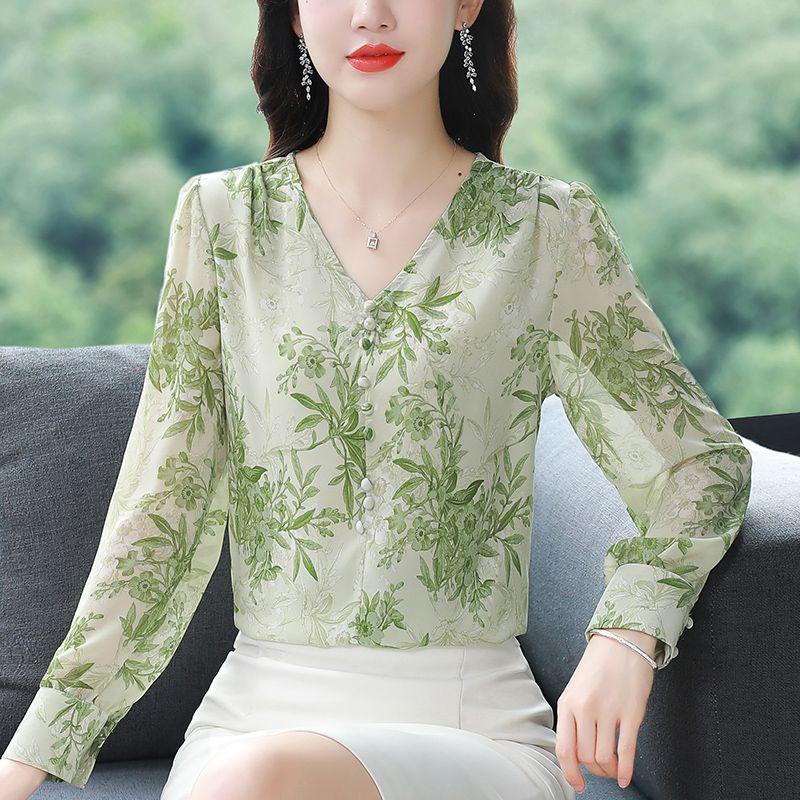 Long Sleeved V-neck Chiffon Shirt for Women, Summer Loose Fit Shirt, Fashionable and Versatile Small Shirt