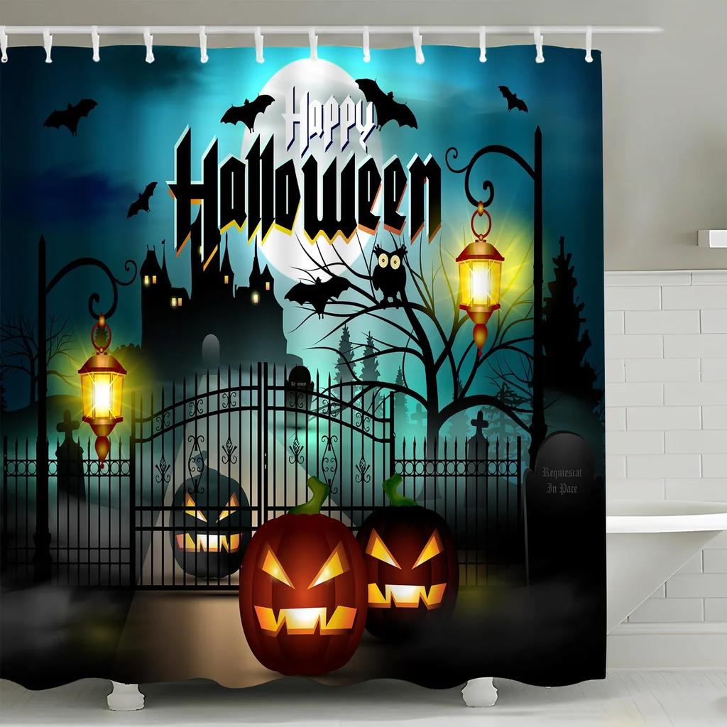 Halloween Skull Shower Curtains Crow Spooky Forest Pumpkin Castle Moon Black Bats Horror Night Bathroom Decor Fabric with Hook