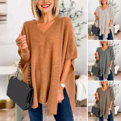 Женский свитер с V-образным вырезом, фасон «летучая мышь», без рукавов, свободный покрой, повседневный топ, однотонный, высокий