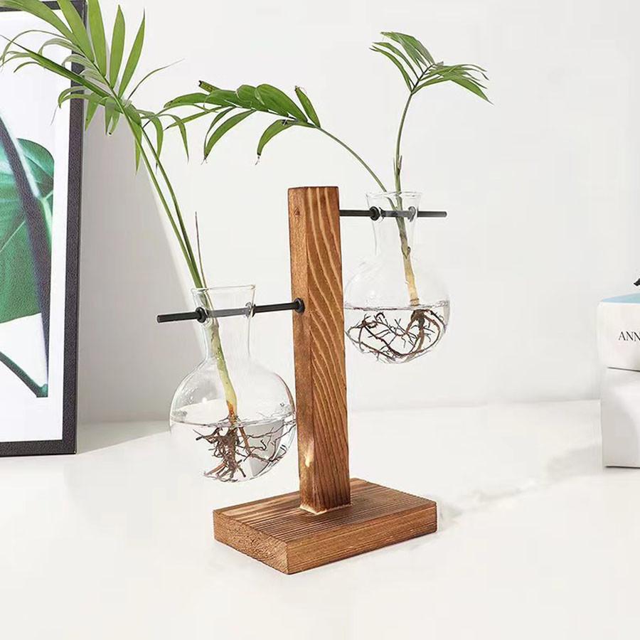 Creative Green Plants Wooden Frame Glass Vase Hydroponic Container Desktop Office Living Room Decoration