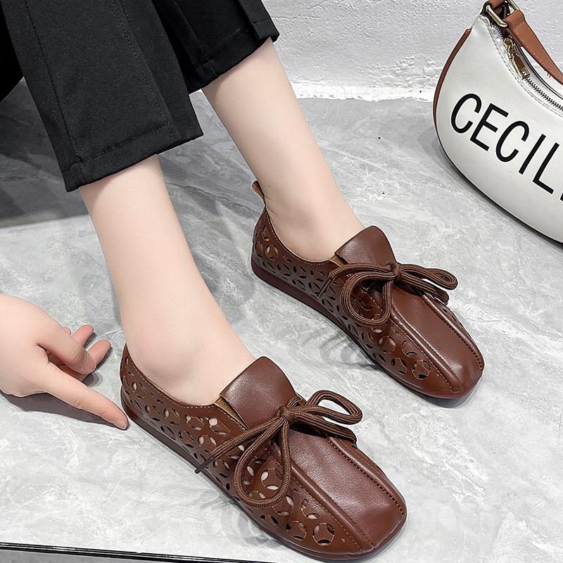 Новинка 2024 года, удобная обувь ручной работы, туфли на плоском каблуке и мягкой подошве, женские сандалии на полой аэродинамической трубе, повседневная женская обувь на плоской подошве