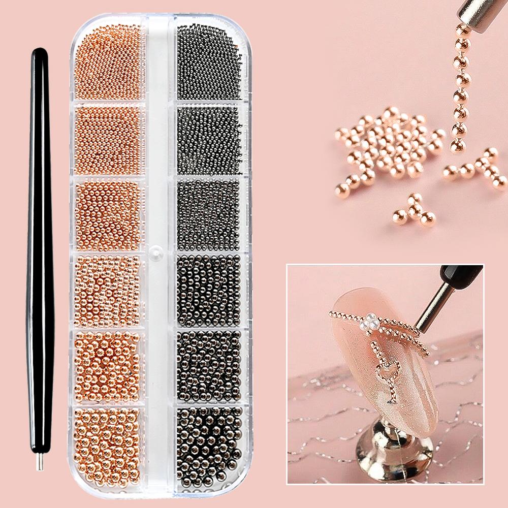 About 3000 Pcs Pearl+steel Balls Set Nail Charm White Half Round Pearl 1/1.2mm Steel Ball DIY Fairy Nail Art Jewelry Accessories