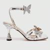 Fashion Luxury Bling Bow Decoration High Heeled Sandals Women Fashion Silver Square Toe Ankle Buckle Heels Elegant Wedding Bridal Shoes