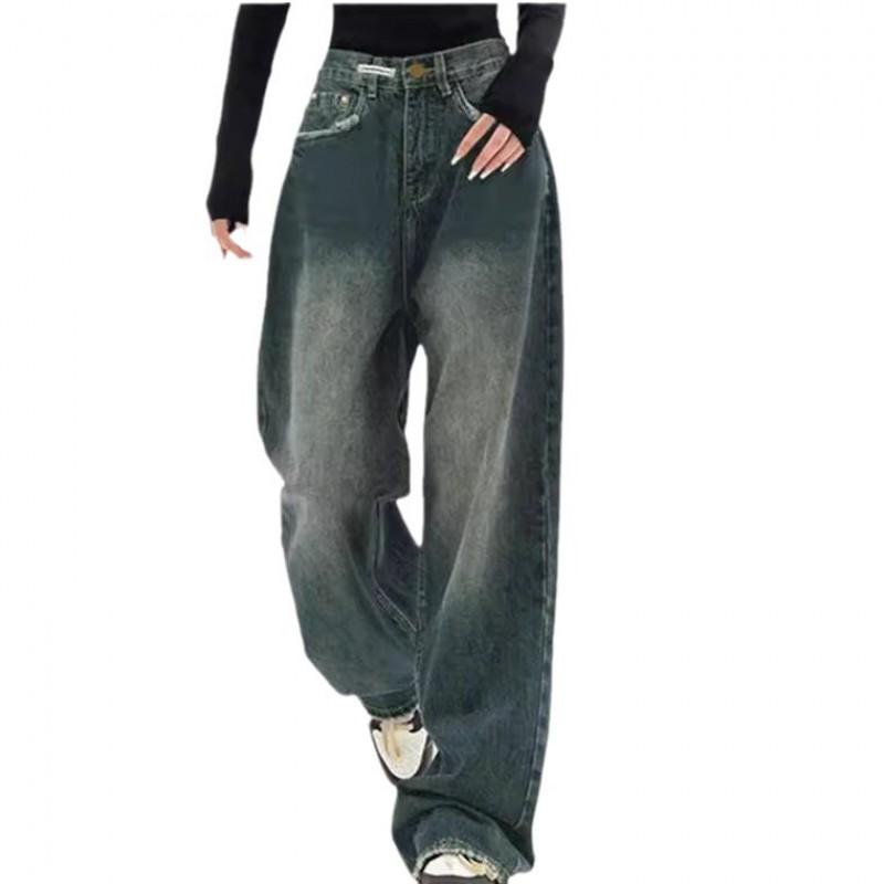 Womens High-Waisted Wide-Leg Straight Jeans Loose Fit Vintage Washed Denim Pants Casual Office Wear