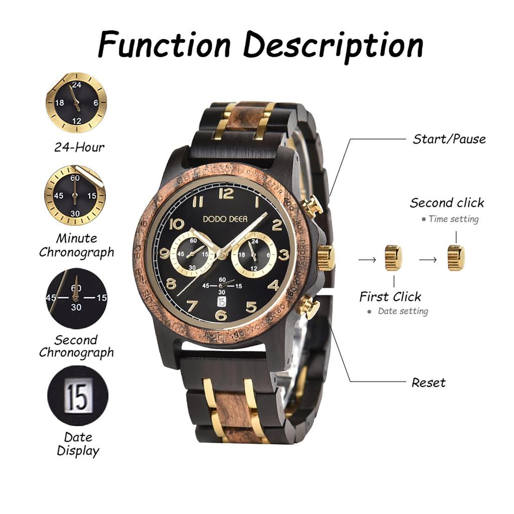 Mens Wristwatch Quartz Movement Wooden Watch Fashion Retro Watches Chronograph Date Display Luminous
