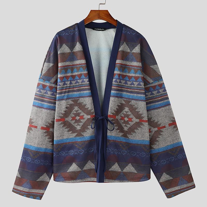 INCERUN Винтажный мужской длинный рукав цветочный принт бандажный кимоно кардиган