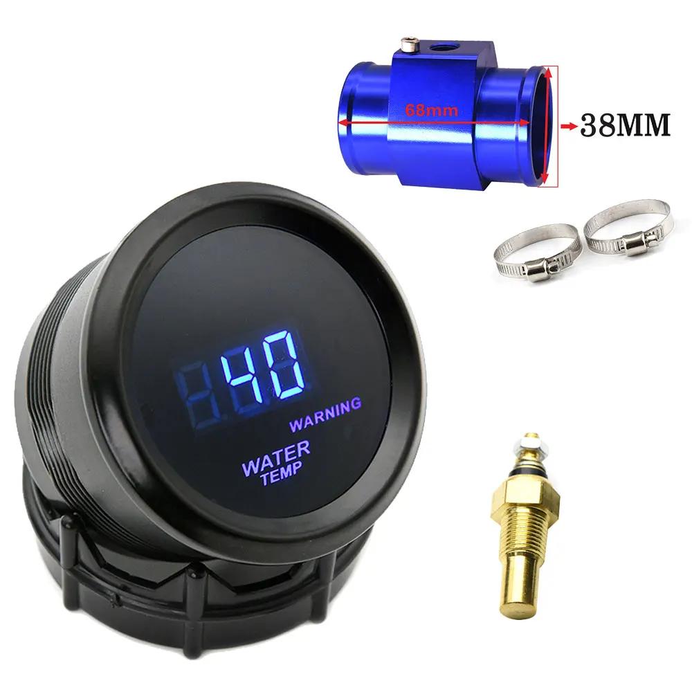 52mm Water Temperature Gauge Blue LED Light with 16mm-40mm Joint Pipe Adapter Black/Blue with Water Temp 1/8NPT Sensor