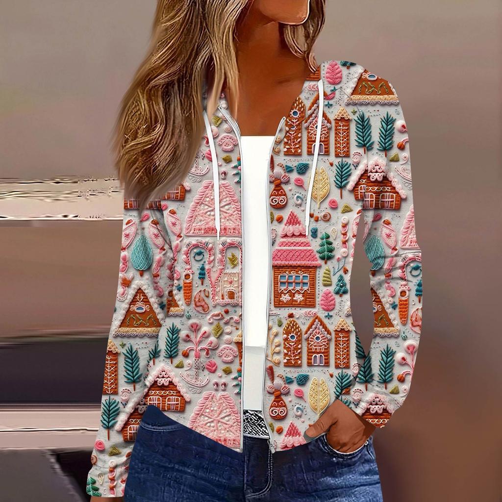 Женская модная повседневная куртка с капюшоном на молнии с рождественским принтом и длинными рукавами