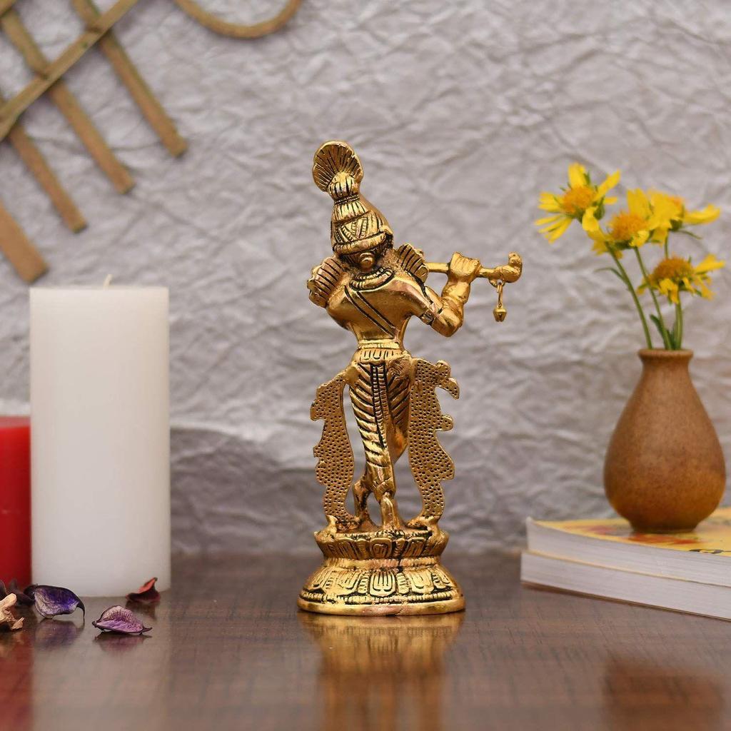 Lord Krishna Idol Statue Krishna Idols Gold Plated Flute Playing Krishan Decorative Showpiece Figurine for Pooja Room & Gift (Set of 1)
