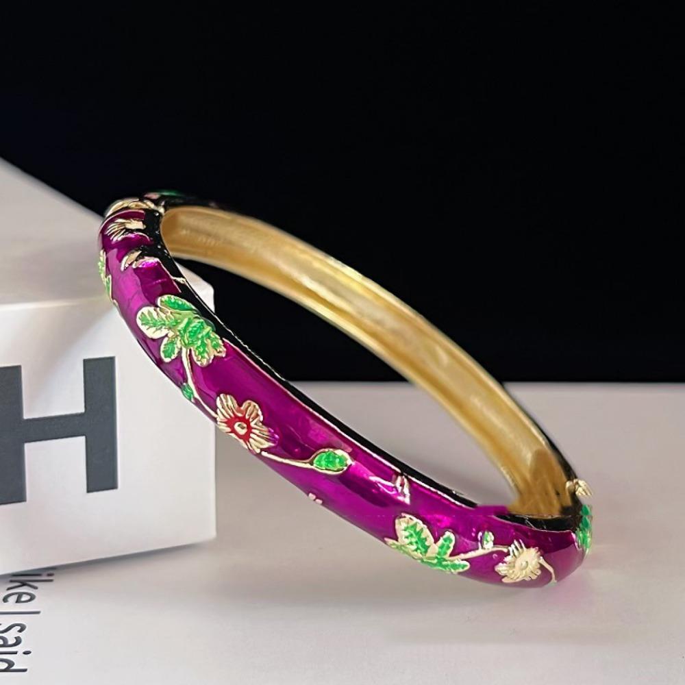 Enamel Peony Filigree Flower Bangle Traditional Women's Hand Bracelet Gifts for Women Girl