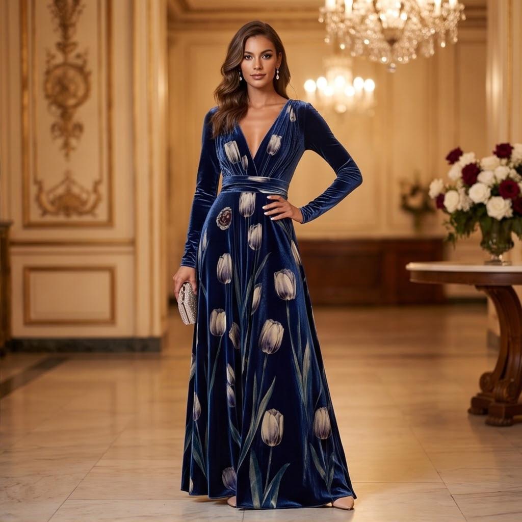 Women's Elegant V-Neck Floral Print Velvet Long Sleeve Evening Dress with Fitted Waist
