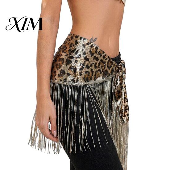 Stage Dance Accessory Women Leopard Fringe Hip Scarf, Belly Sequins Wrap Skirt, Waist with Tassels, Performance Clothing Accessories Tassel Belt