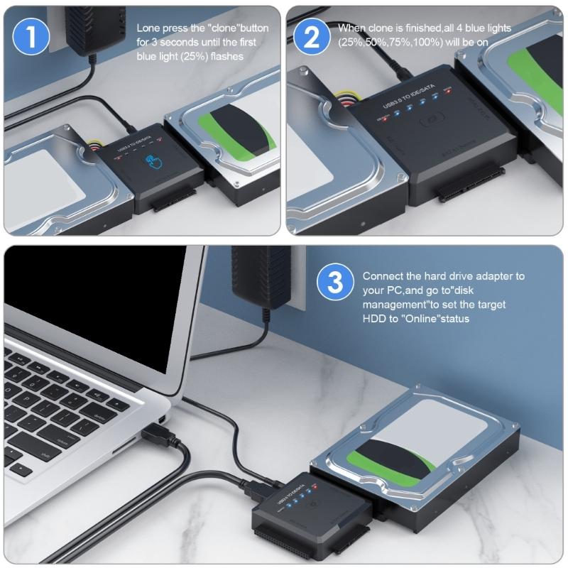 Многофункциональный адаптер интерфейсов жесткого диска, USB 3.0 к SATAs/IDE для 2,5"/3,5" дисков с функцией резервного копирования в одно касание, адаптер питания в комплекте