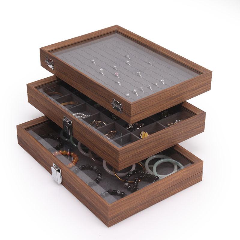 Luxury Walnut Wood Dustproof Rectangle Jewelry Storage Container Ring Pendant Bangle Jewelry Organizer Box Case for Collection