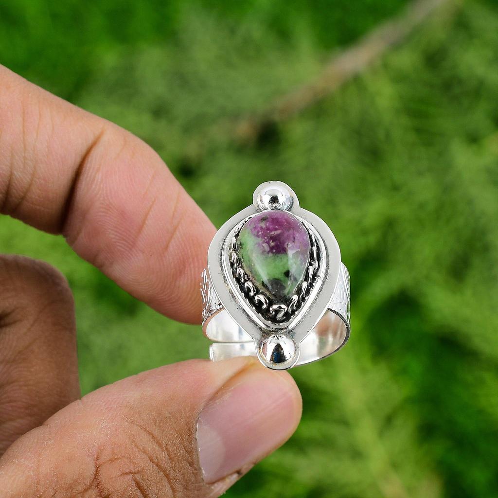 Натуральный рубин цоизит драгоценный камень обещание зеленый регулируемое кольцо 925 стерлинговое серебро