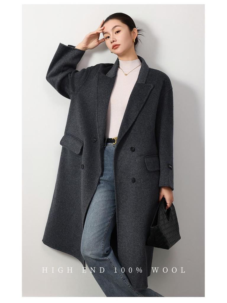 Women's Woolen Overcoat - Extra Long, Loose Fit, Double-Sided 100% Wool, Suit Collar for Autumn and Winter