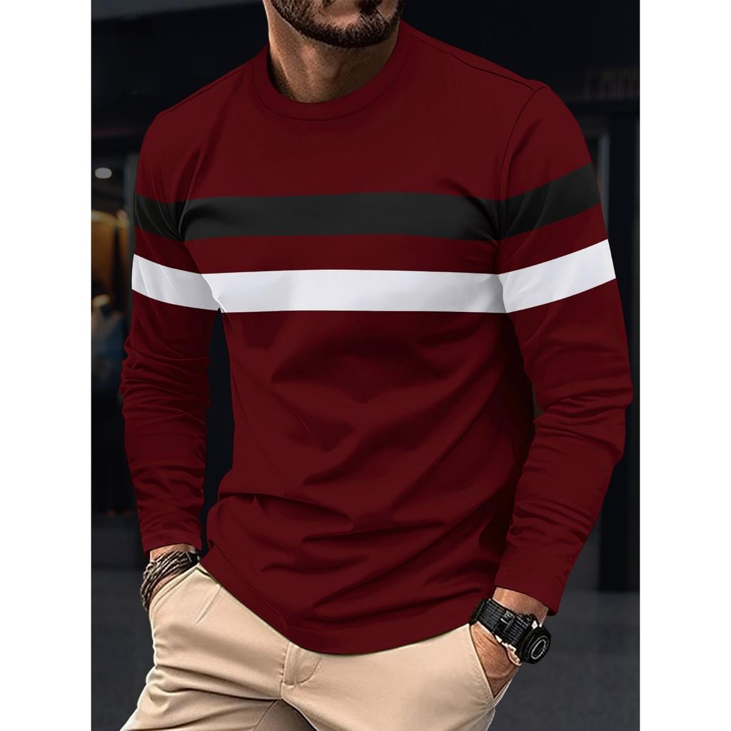 Autumn and Winter Plus Size Round Neck Long Sleeved Color Blocked Base Shirt Pullover Men's T-shirts