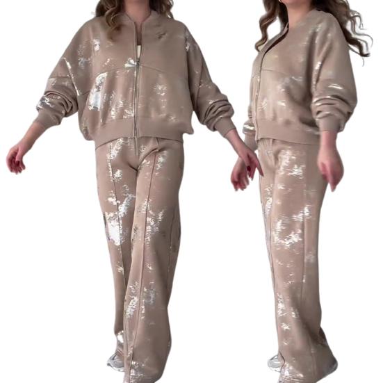 2 шт./компл. женский костюм с воротником-стойкой на молнии с длинными рукавами эластичные манжеты с блестками пальто с эластичной резинкой на талии толстые широкие брюки осенне-зимний спортивный костюм