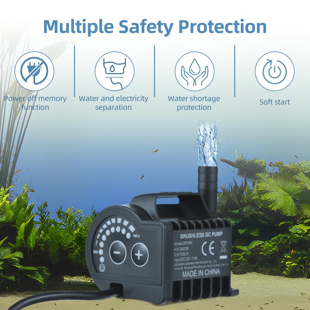 Submersible 12V Water Pump 8 Levels Adjustable 0-700L/H Fountain Pump with 0-9.8ft Lift, DC Female Plug and Suction Cup Base